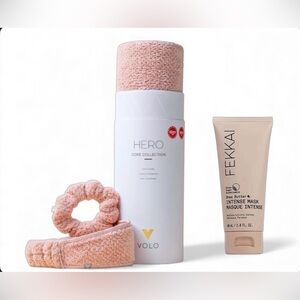NEW VOLO Hero Hair Towel, Scrunchie & Headband Set w/Fekkai Hair Mask